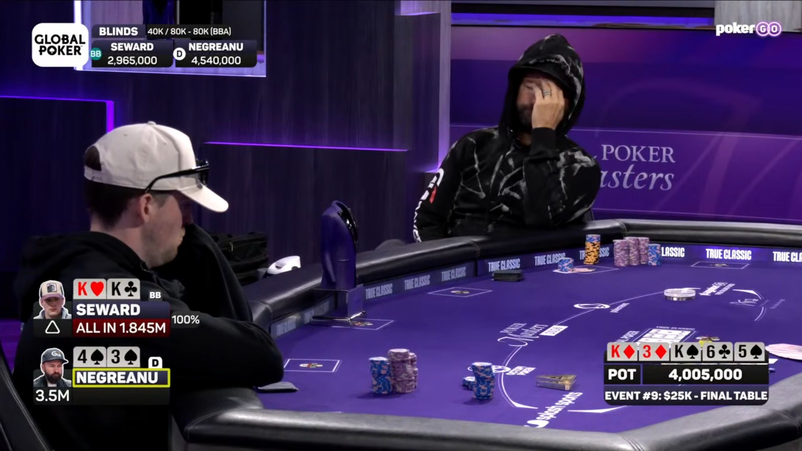 Nick Seward and Daniel Negreanu during the quad-kings hand, with Seward’s pocket kings and both board kings visible in the broadcast graphics